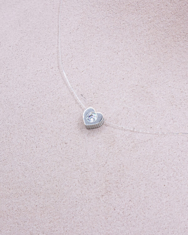 Heart & Round Crystal – Turkish 925 Silver Necklace on Invisible Nylon Thread