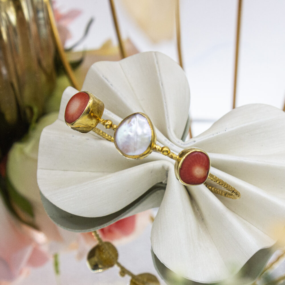 Coral & Pearl Harmony Cuff – Turkish 925 Silver Bracelet
