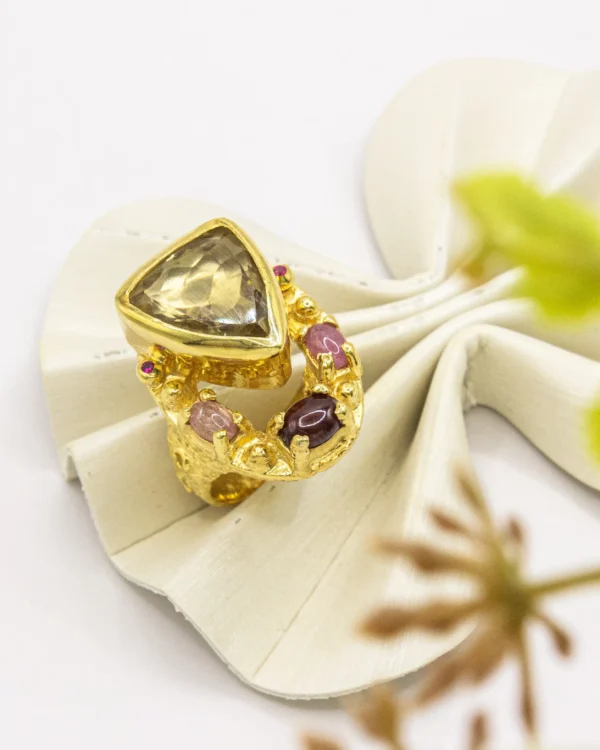 Earthly Grandeur – Handcrafted Gold-Plated Silver Ring with Smoky Quartz, Rubies & Tourmaline