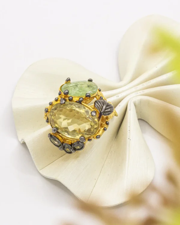 Sunlit Bloom – Turkish 925 Silver Lemon Quartz & Peridot Ring