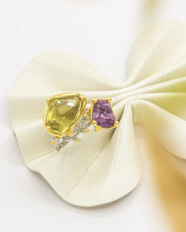 Dual Hue Statement – Turkish 925 Silver Ring with Amethyst & Prasiolite