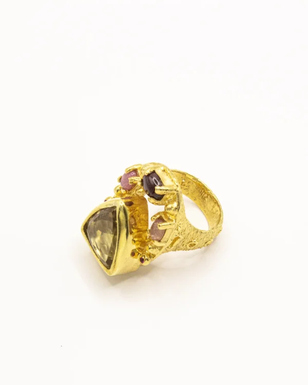 Earthly Grandeur – Handcrafted Gold-Plated Silver Ring with Smoky Quartz, Rubies & Tourmaline - Image 2