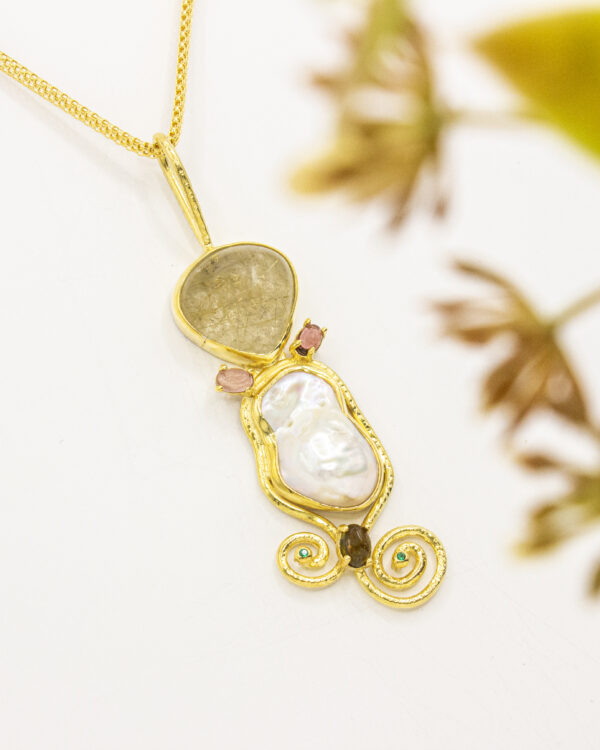 Celestial Harmony Pendant – Turkish 925 Silver with Baroque Pearl & Rutilated Quartz