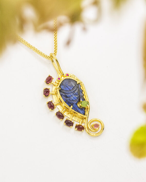 Mystic Carved Labradorite & Garnet Turkish 925 Silver Pendant