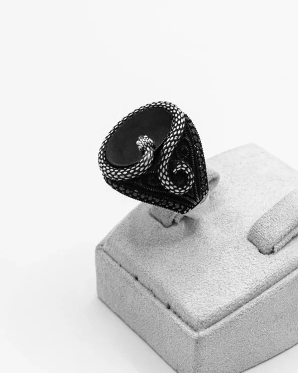 Serpent Guardian Turkish 925 Silver Men's Ring with Ceramic Inlay