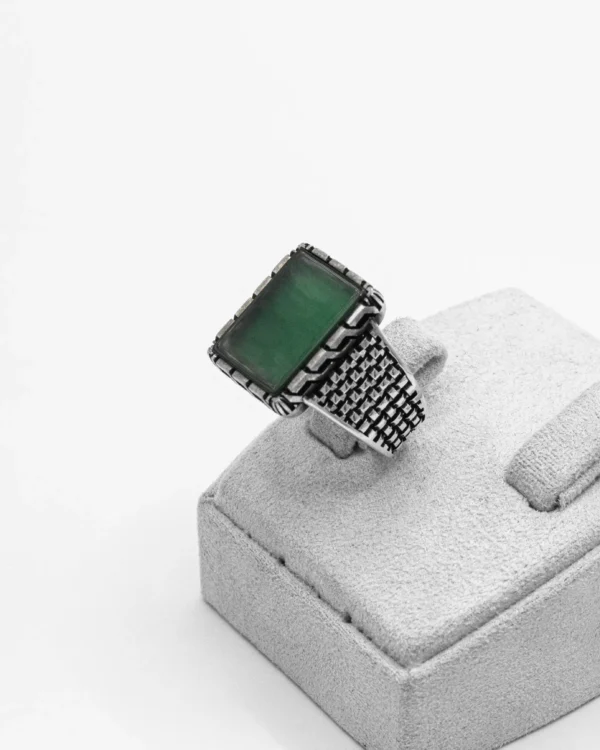 Geometric Green Turkish 925 Silver Men's Ring - Image 2
