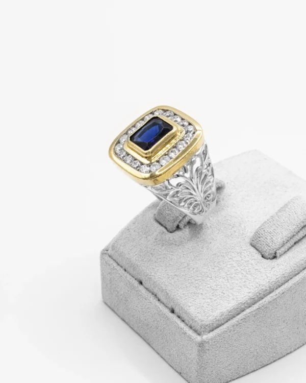Regal Sapphire Turkish 925 Silver Men's Ring with Gold Accents - Image 2